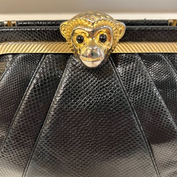 Rare Vintage Judith Leiber Black Leather with Monkey Face Clasp Handbag - Picture 2 of 15